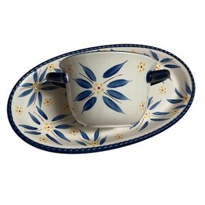 Temptations Old World Soup Bowl with Plate Blue Floral Yellow Dot Handles